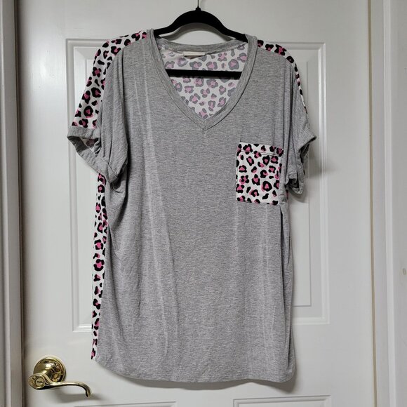 Cute Pink leopard gray print shirt tshirt large reb in j - Picture 1 of 3